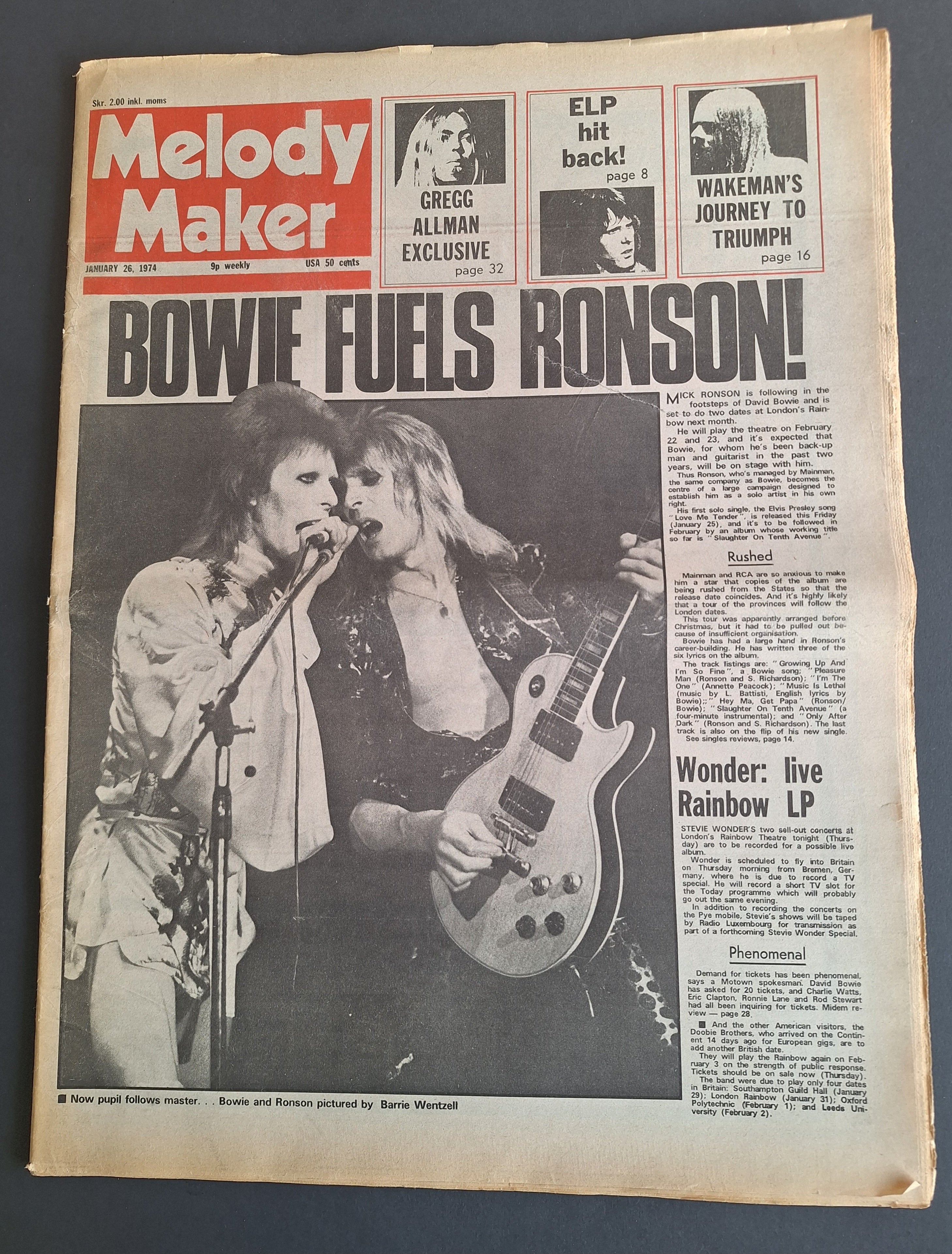 MUSIC POP NEWSPAPER – Melody Maker 26 January 1974 – David Bowie / Mick Ronson – Vintage