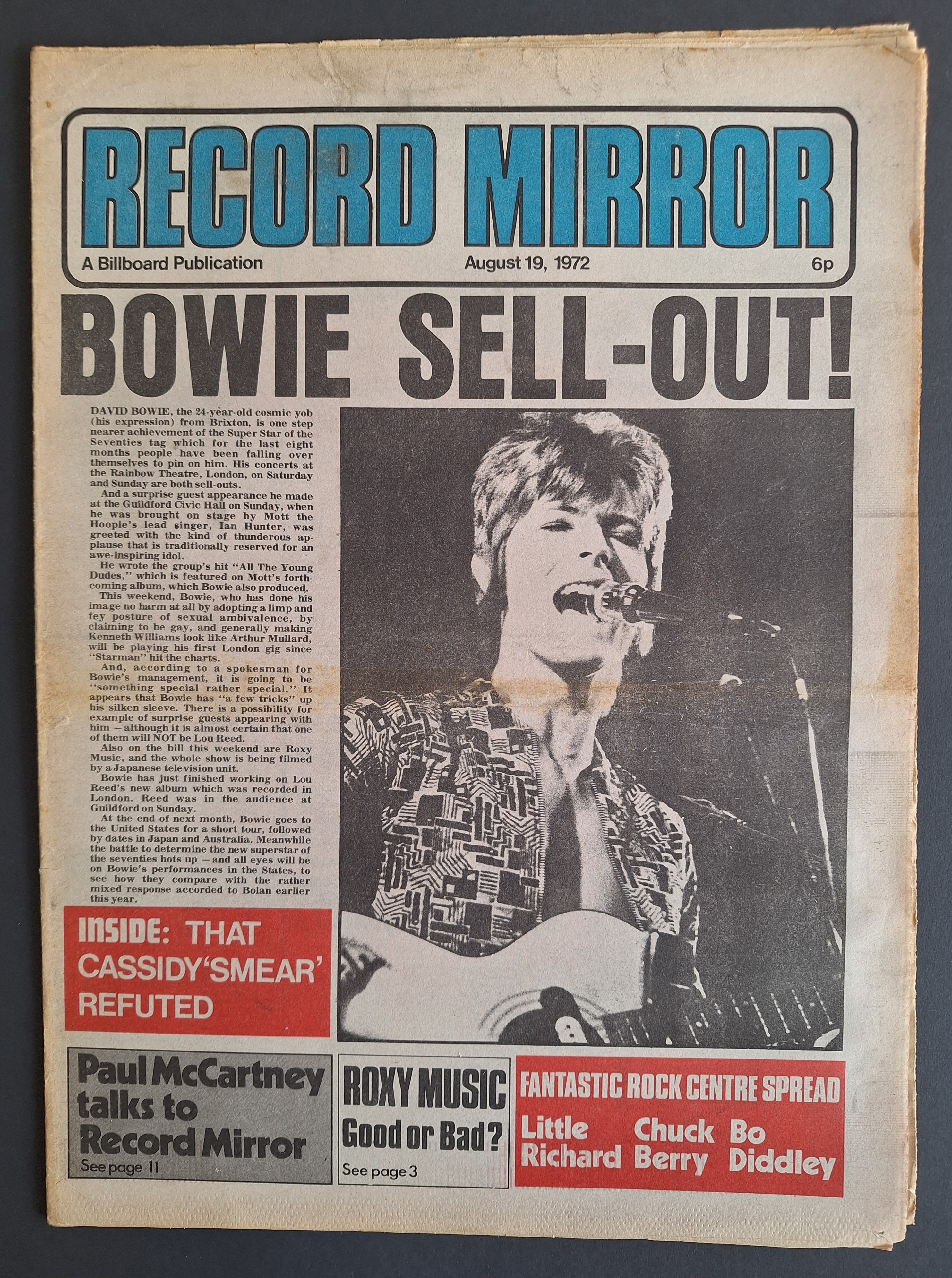 MUSIC POP NEWSPAPER – Record Mirror 19 Aug 1972 – David Bowie / Paul McCartney / Roxy Music – Vintage