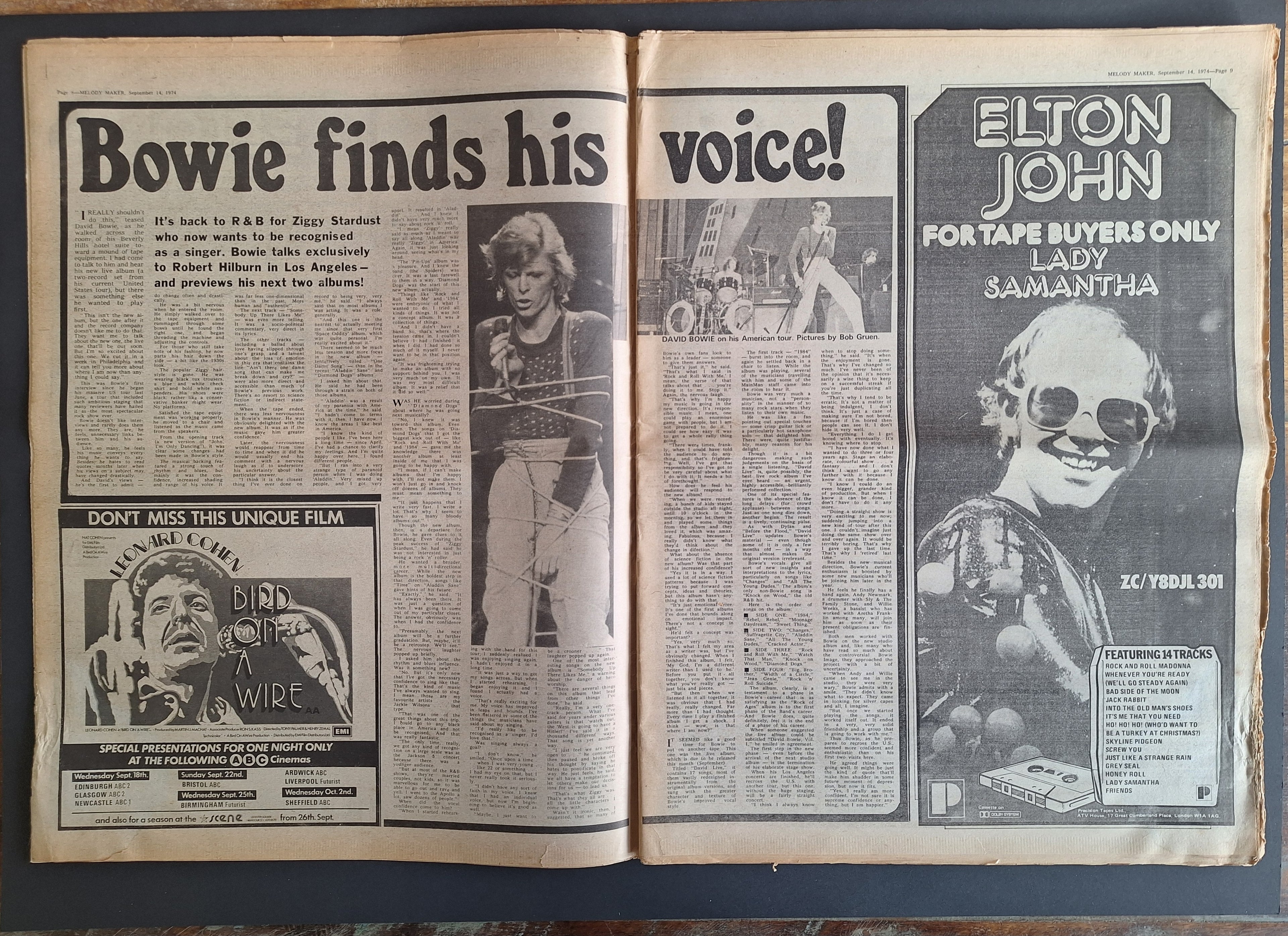 MUSIC POP NEWSPAPER – Melody Maker 14 Sept 1974 – David Bowie / John Lennon – Vintage