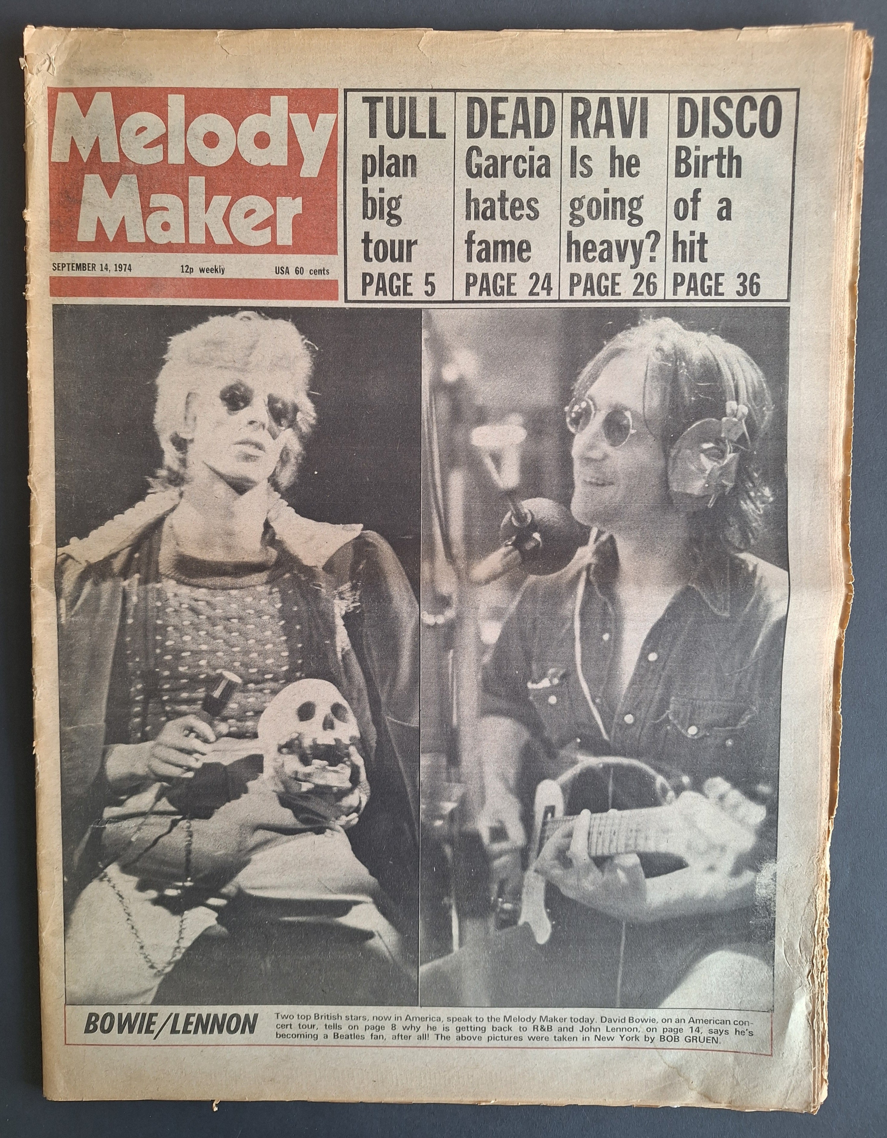 MUSIC POP NEWSPAPER – Melody Maker 14 Sept 1974 – David Bowie / John Lennon – Vintage