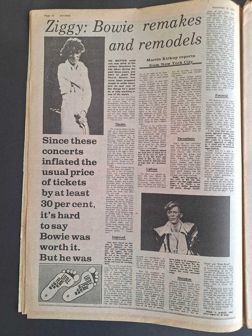 MUSIC POP NEWSPAPER – Sounds 16 Nov 1974 – David Bowie / Stevie Wonder – Vintage