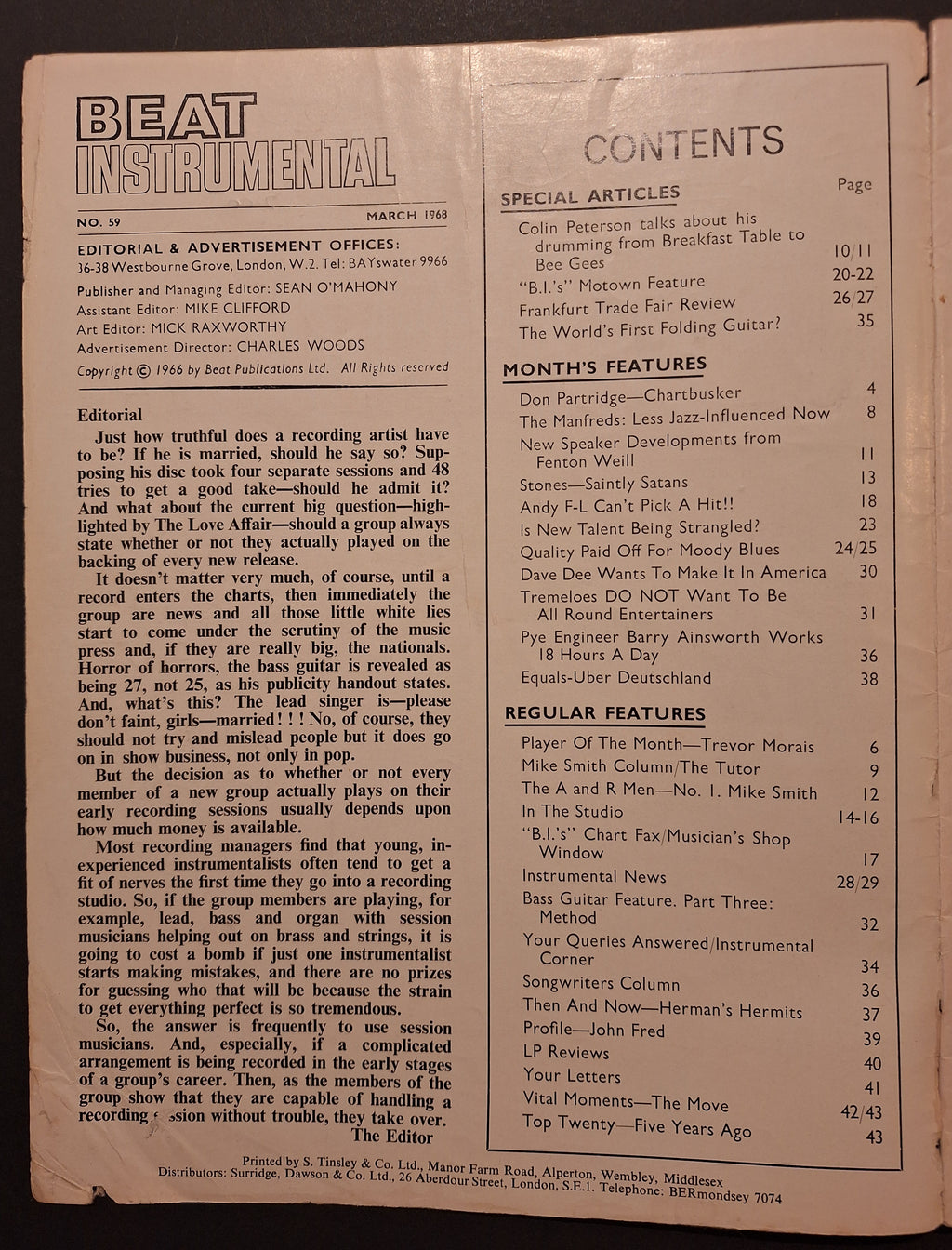 MUSIC MAGAZINE – Beat Instrumental (UK) March 1968 – The Herd / Peter Frampton – Vintage