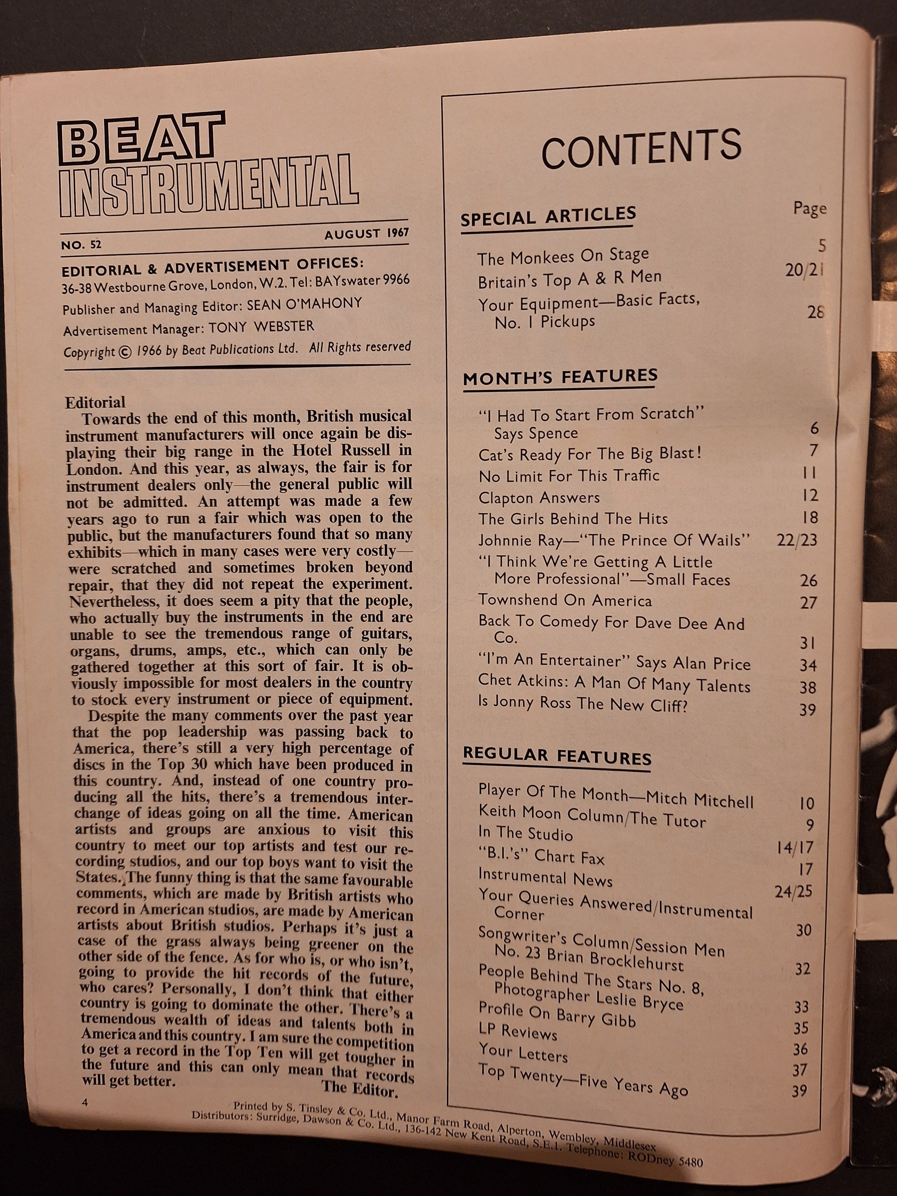 MUSIC POP MAGAZINE – Beat Instrumental (UK) August 1967 – Keith West – Sixties Pop / Vintage